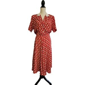 Vintage 80s Apostrophe Red Polka Dot‎ Midi Shirt Dress Sz 8P Retro 50s Housewife